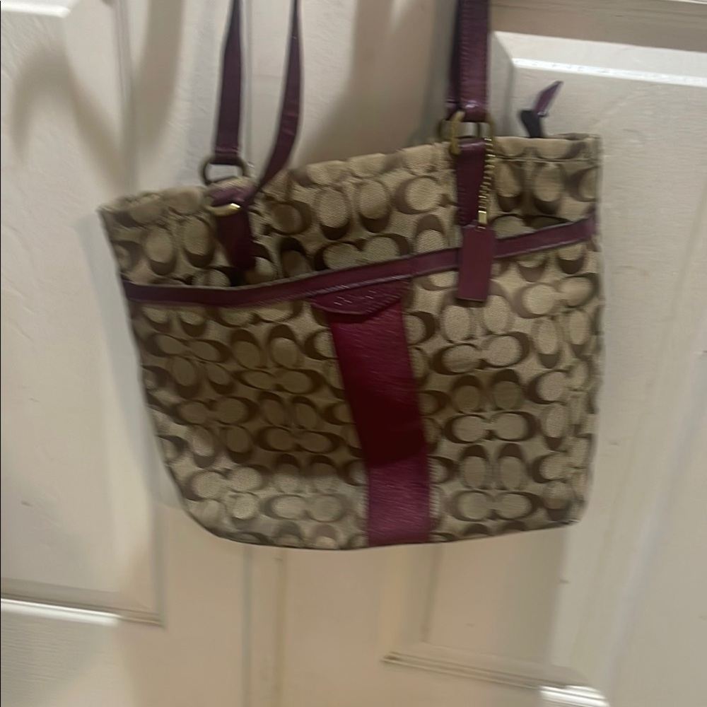 Coach Signature Tote with Burgundy Accents